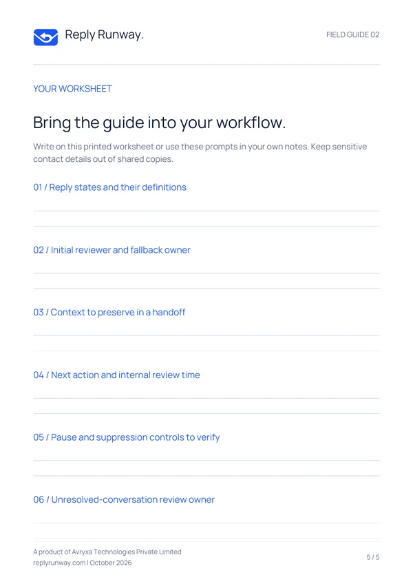 Printable worksheet from the reply handoff playbook