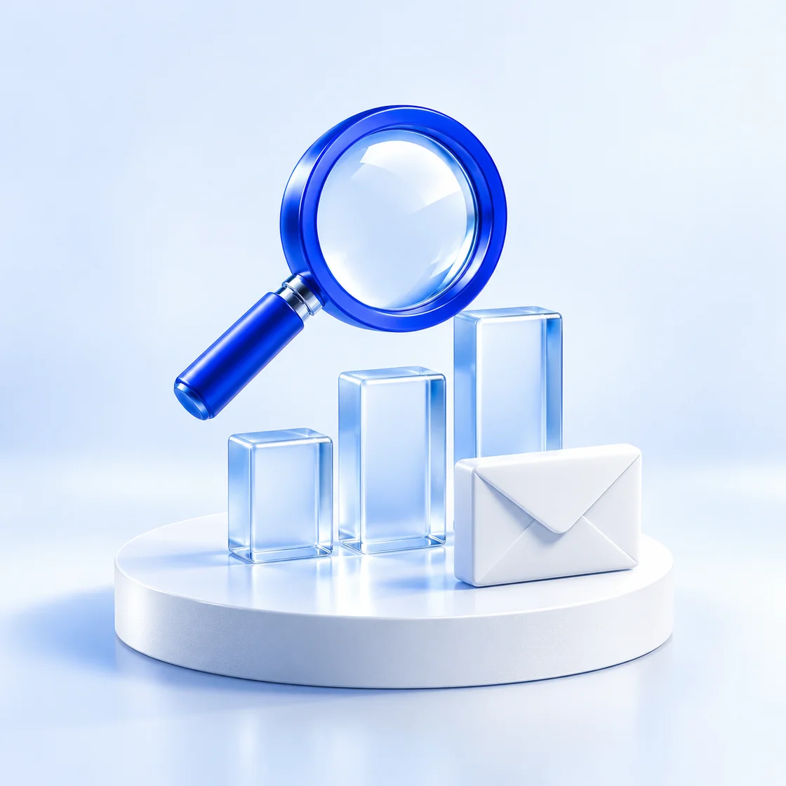 A cobalt lens above translucent glass bars and a white envelope