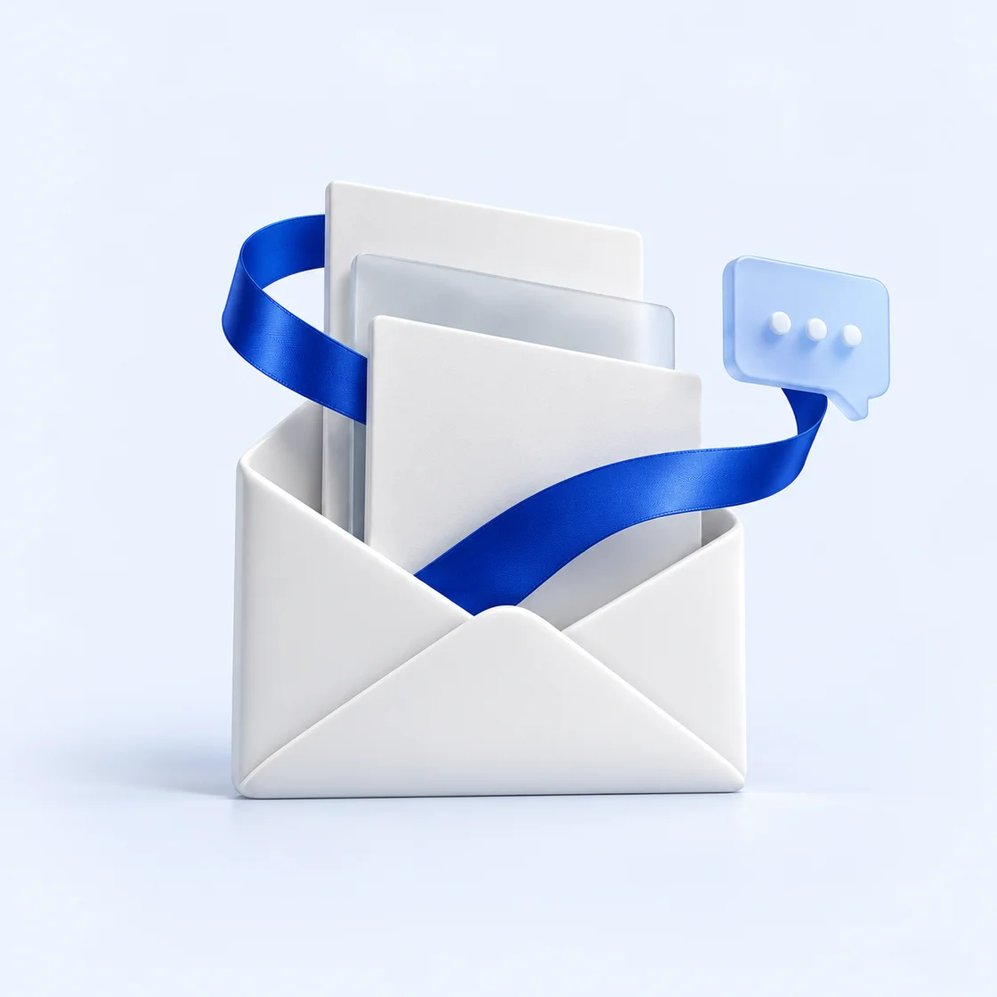 A white envelope, carefully aligned message sheets, and a cobalt conversation ribbon