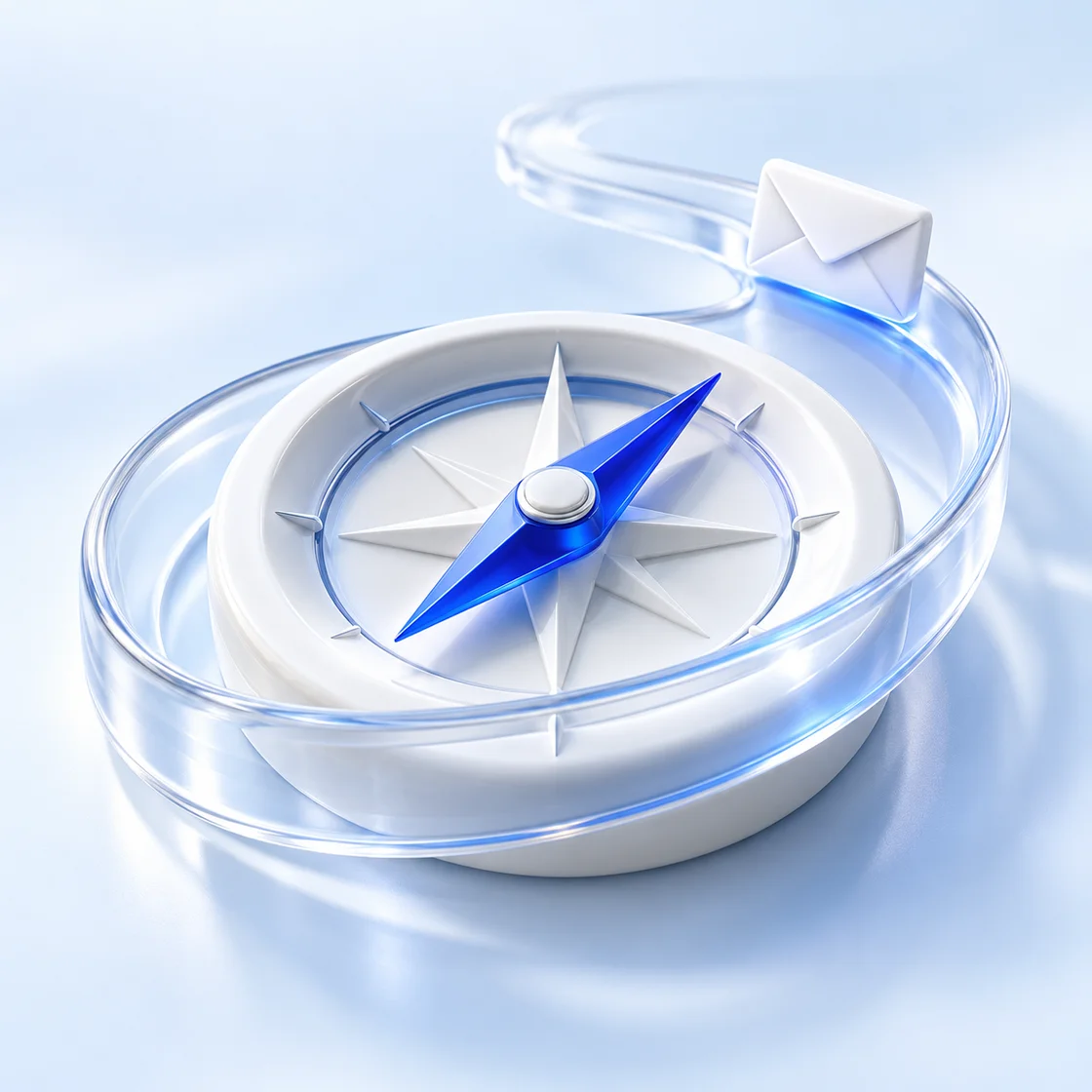 A white compass with a cobalt needle guiding an envelope along a glass track