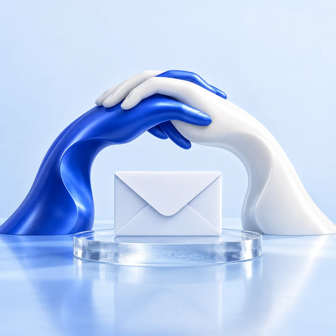 Abstract cobalt and white interlocking hands forming a bridge above an envelope