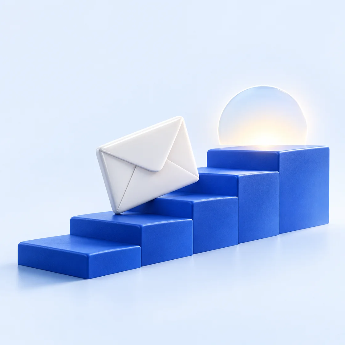 A white envelope ascending cobalt steps beside a frosted glass sun