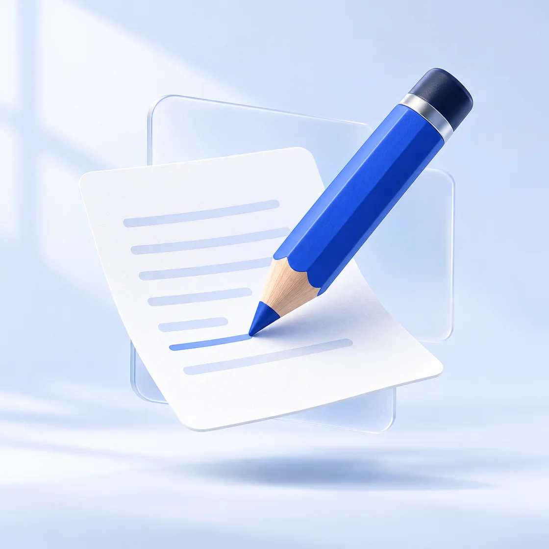A cobalt pencil shaping a single white message card inside a frosted glass frame
